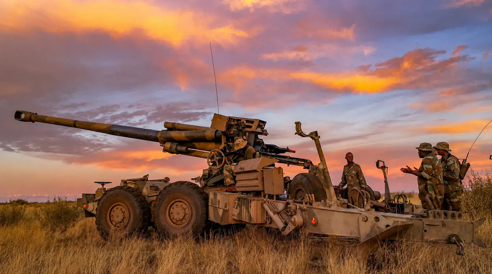 South African artillery system and crew during a field exercise at sunset